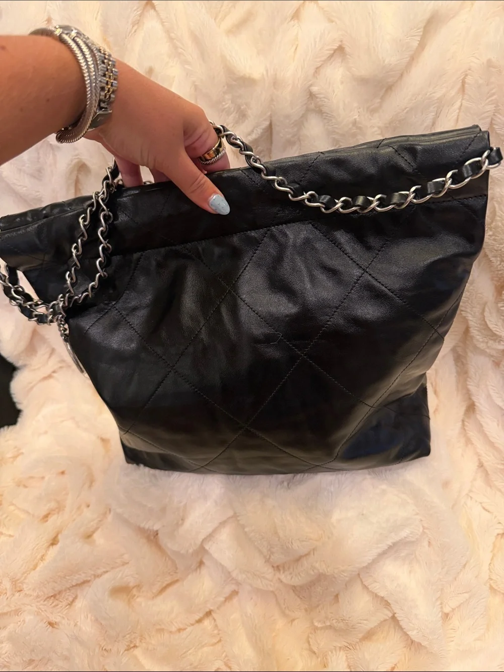 CHANEL Black Quilted Lambskin Shoulder Bag with Silver Chain